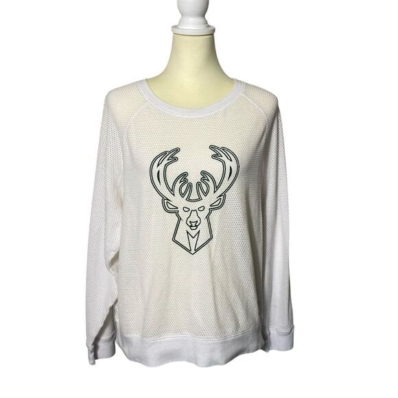 DKNY Milwaukee Bucks Lauren Mesh Pullover Ragian Sweatshirt Women's Size Medium - Picture 1 of 16